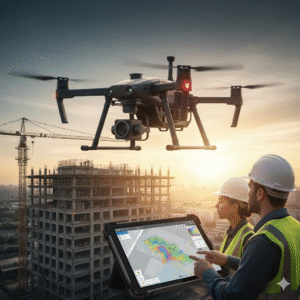 2 personas monitoreando una construcción que está siendo grabada por un drone desde una tablet