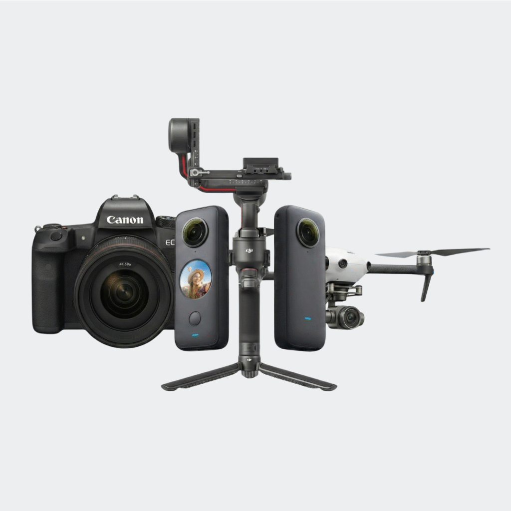3 tipos de cámaras (profesional, 360, drone) y un estabilizador